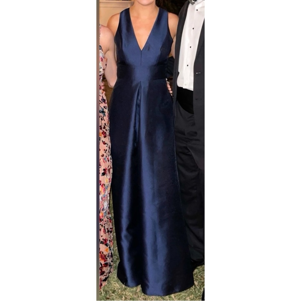 Alfred Sung Cut Out Back Satin A-line Gown in Midnight